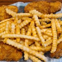 Chicken Strips · White chicken breast meat strips breaded & fried to a golden brown, served with french fries.