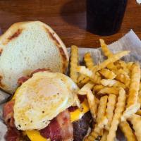 Sunrise Burger · Burger topped with cheese, bacon, and egg.