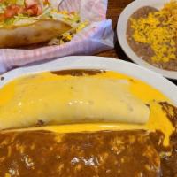 Taco, Enchilada, & Burrito · Beef taco, beef enchilada, and beef burrito, served with beans or rice.