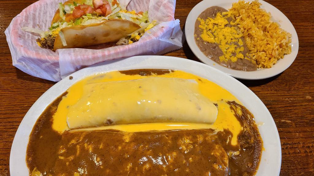 Taco, Enchilada, & Burrito · Beef taco, beef enchilada, and beef burrito, served with beans or rice.