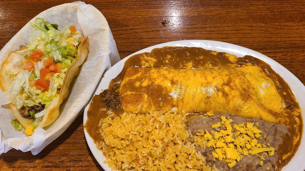 Taco & Enchilada · One beef taco and one enchilada, served with your choice of beans or rice.
