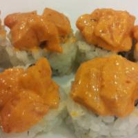 Double Double Salmon (8 Pcs) · Spicy salmon, cucumber. Top-spicy salmon.