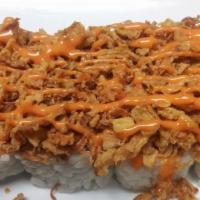 Spicy Salmon With Crunch · Salmon, cucumber, spicy sauce, onion crunch