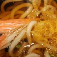 Udon · Wheat noodles with vegetables, crab meat, batter bit soup.