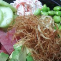 Tuna Poke Bowl · Crab Salad, Cucumber, Avocado, potato chrunch, Tuna, rice