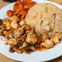 Hibachi Chicken · Served with fried rice zucchini mushroom and onions.