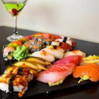 Sushi Sashimi For Two · Chef's choice of 8 pcs sushi, 15pcs sashimi, 2 special roll.