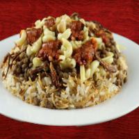 Koshari Bowl · The national dish of Egypt. Unique mix from rice, macaroni, lentil and chickpeas topped with...
