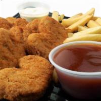 Chicken Nuggets · Fried chicken nuggets served with fries and juice.