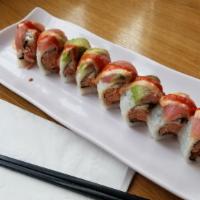 Full Monty · Spicy crab, jalapeno, salmon, cream cheese topped with tuna, avocado.
