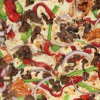 Philly Steak Supreme Pizza · Steak, red onion, green pepper and sweet red pepper.