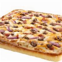 Bacon Cheddar Burger Pizza · Bacon, beef, red onion and cheddar cheese.