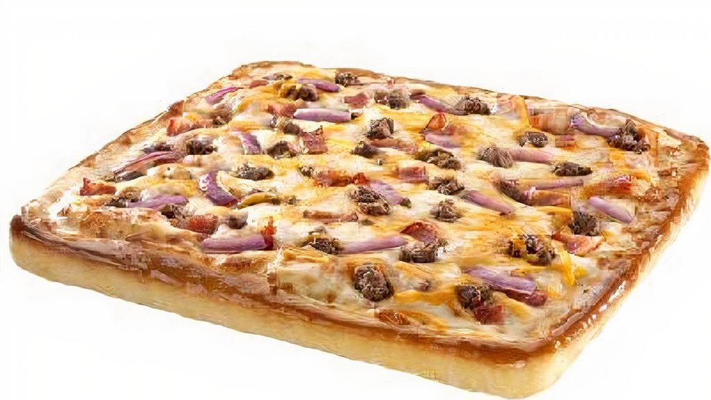 Bacon Cheddar Burger Pizza · Bacon, beef, red onion and cheddar cheese.