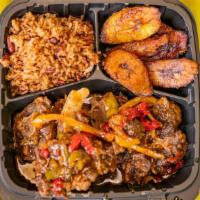 Oxtail  · Comes with rice and peas, stem vegetables, and plantains.