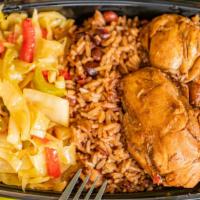 Turf Stew Chicken  · Comes with rice and peas, stem vegetables, and plantains.
