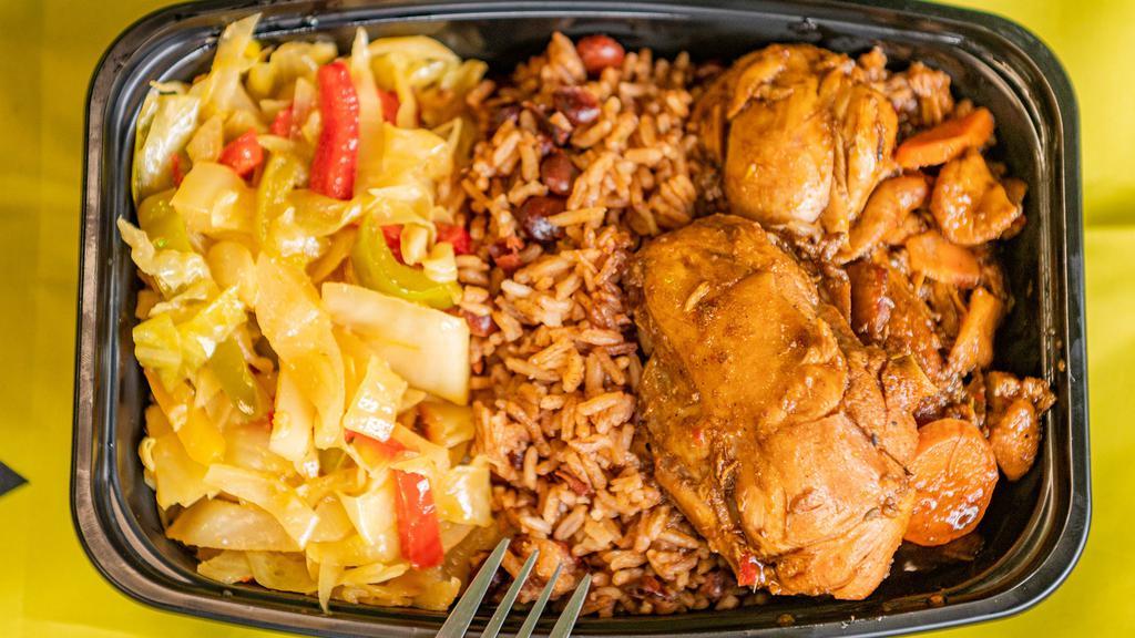 Turf Stew Chicken  · Comes with rice and peas, stem vegetables, and plantains.