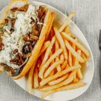 The Palace Philly · Steak with grilled onions, mushroom, green peppers, mayo, and Swiss cheese. Served on a hoag...