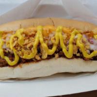 Coney Cheese Dog · Riley's Coney sauce, aged cheddar cheese sauce, minced onions, yellow mustard and crushed fr...