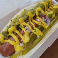 Fib · Fresh pickle slice, pickled green tomatoes, pickle relish, minced onions, sport peppers, yel...