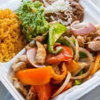 Fajitas Package · Choose options: steak, chicken, or mix. Also includes: beans, rice, chips, tortillas, green ...