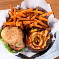 Bbq Bacon Cheeseburger · Our seasoned burger with American cheese, crisp bacon, and sweet BBQ sauce topped with golde...