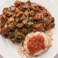 Beef Ghallaba · Carrots · peppers · tomatoes · onions · mushrooms · special tomato sauce · served with rice