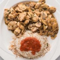 Chicken Mushroom Sautee · Mushrooms · garlic and marsala sauce · served with rice