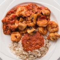 Shrimp Mediterranean · 16/20 Shrimp · mushrooms · carrots · bell peppers · kashkaval · tomato sauce · served with r...