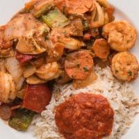 Shrimp Ghallaba · Carrots · peppers · tomatoes · onions · mushrooms · special tomato sauce · served with rice
