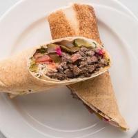Beef Shawarma Sandwich · Pickles · turnips · tomatoes · onions · tahini sauce