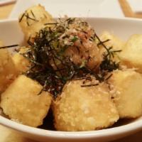 Agedashi Tofu · deep fried tofu with bonito, seaweed, daikon oroshi and tempura sauce.