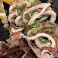 Ika Sugatayaki · Grilled whole squid topped bonito flakes and scallions.