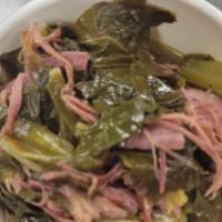 Greens · Tasty collard greens, infused with smoked turkey. 8 oz container.
