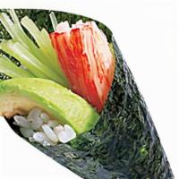 California Hand Roll · Cucumber, avocado,rab meat. and caviar in rice wrapped in seaweed.