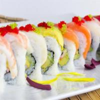Rainbow Roll · California roll with tuna, salmon, and yellow tail on top.