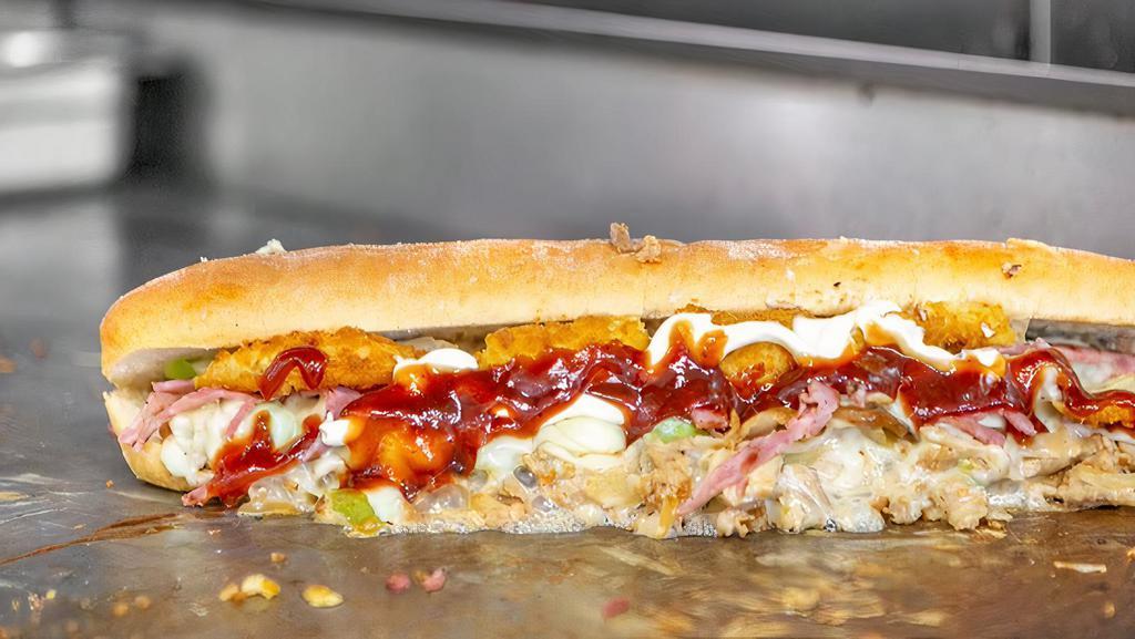 Texas Chicken Philly · Turkey Bacon, Onions Rings, Sautéed Onions, Sautéed Mushrooms, Sautéed Green Peppers, American Swiss Cheese, Mayo, Sweet BBQ.