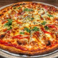 The Meat Ball · roasted red bell peppers, caramelized onions, goat cheese, fresh mozzarella, fresh Italian h...