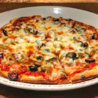 Three Olives · green olive, black olive, kalamata olive, 
green pepper, Italian sausage, mozzarella