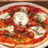 Burrata Margherita Pizza · Fresh mozzarella, burrata mozzarella, San Marzano tomato, cherry tomato and basil.