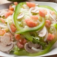 Garden Salad · Iceberg/Romaine Lettuce Mix, Mushrooms, Onions, Green Peppers, and Tomatoes.