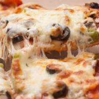 Pepperoni Deluxe · Pepperoni, Mushroom, Onion, Green Pepper and Black Olives.