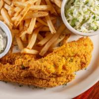 Family Catfish · 6 huge pieces of our fried catfish, 2 family sized portions of French Fries and Cole Slaw.