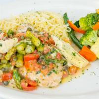 Chicken Piccata · Tossed with artichokes, asparagus and tomatoes in a lemon caper butter sauce served over ang...