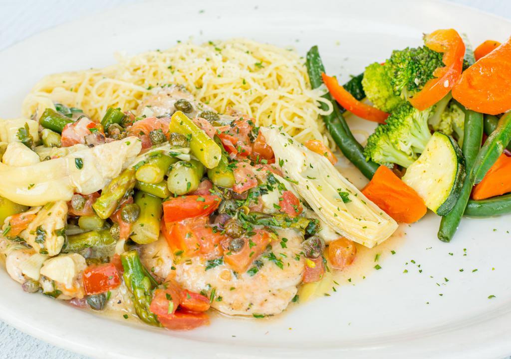 Chicken Piccata · Tossed with artichokes, asparagus and tomatoes in a lemon caper butter sauce served over angel hair pasta and your choice of one side. Vegetable medley is recommended