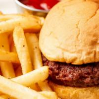 Kid'S Cheeseburger · Our delicious burger, topped with cheddar cheese and served standard with french fries