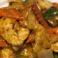 Red Curry Chicken · Hot & spicy. Chicken stir fry with green pepper, carrot, onion and bamboo shoot in a spicy c...