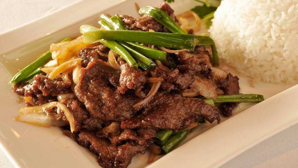 Mongolian Beef · Beef stir fry with green and white onion in a house soy sauce.