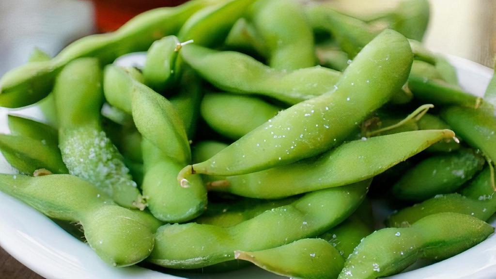Edamame · Steamed soybean pods and sprinkled with salt.