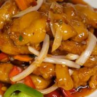 Empress Chicken · Spicy. Chunks of deep-fried chicken breast sauteed in onion and bell pepper in sweet sour sp...
