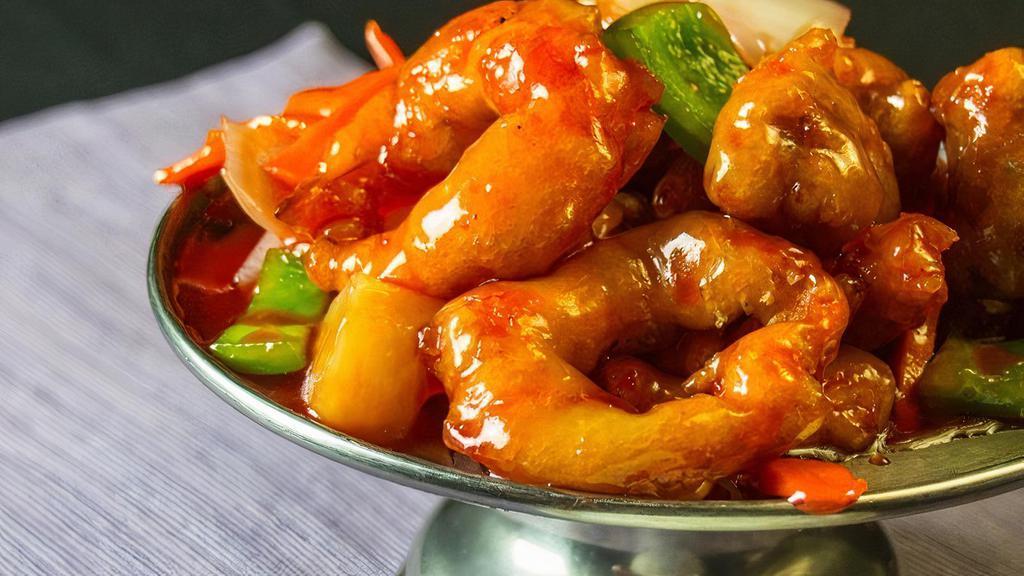 Sweet & Sour Shrimp · Crispy deep fried jumbo shrimp with pineapple, onion, and red pepper in sweet and sour sauce.